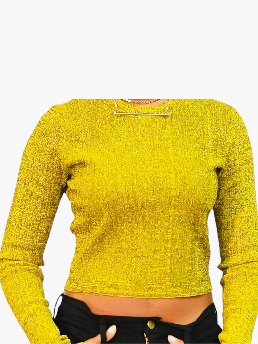 PROENZA SCHOULER Neon Yellow Marled Stretchy Thick Knit Crop Top w Long Sleeves - Picture 2 of 13